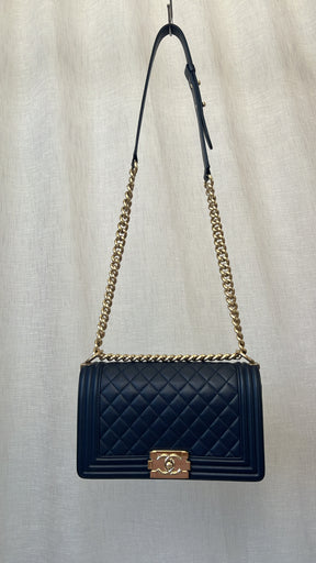 Chanel Navy Old Medium Boy Bag Gold Tone Hardware, Old Medium