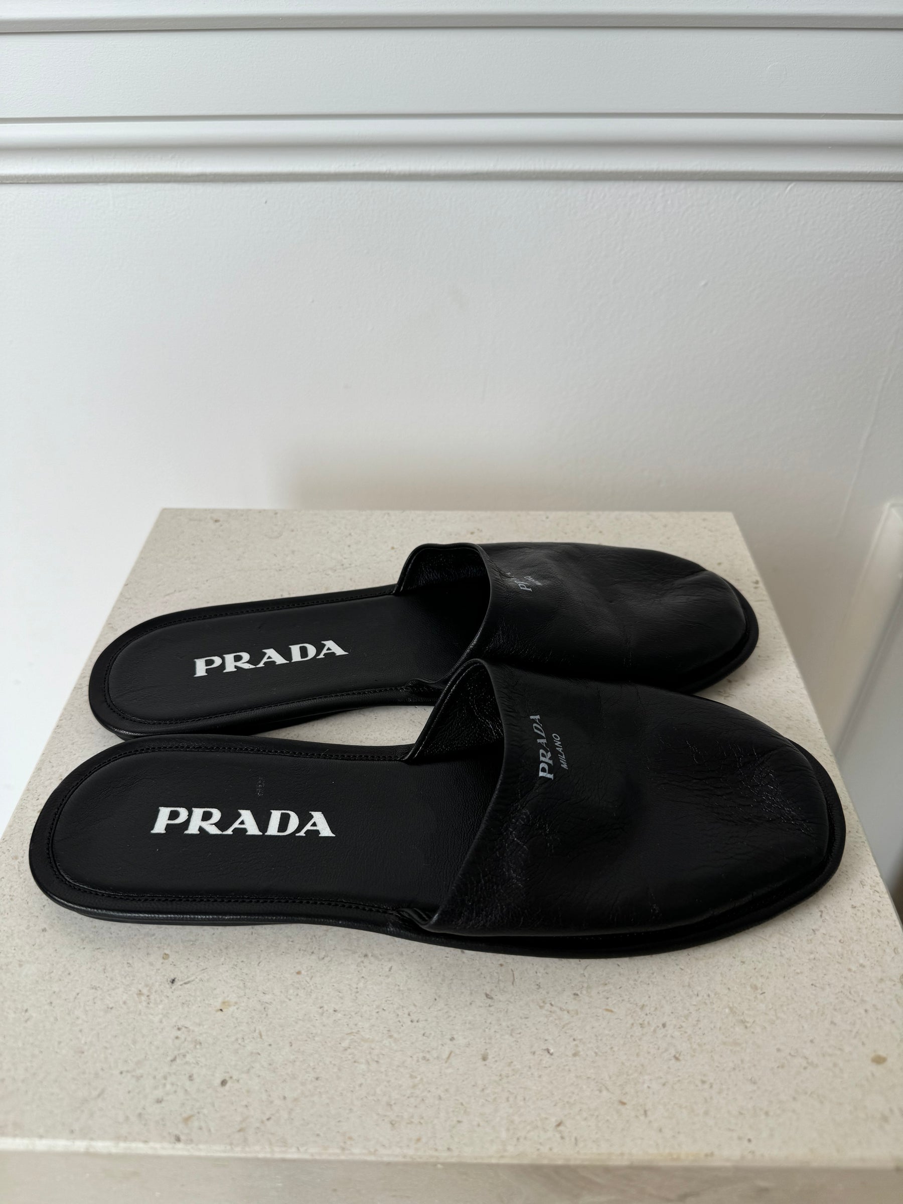 Prada Black Leather Slip On's, 38.5