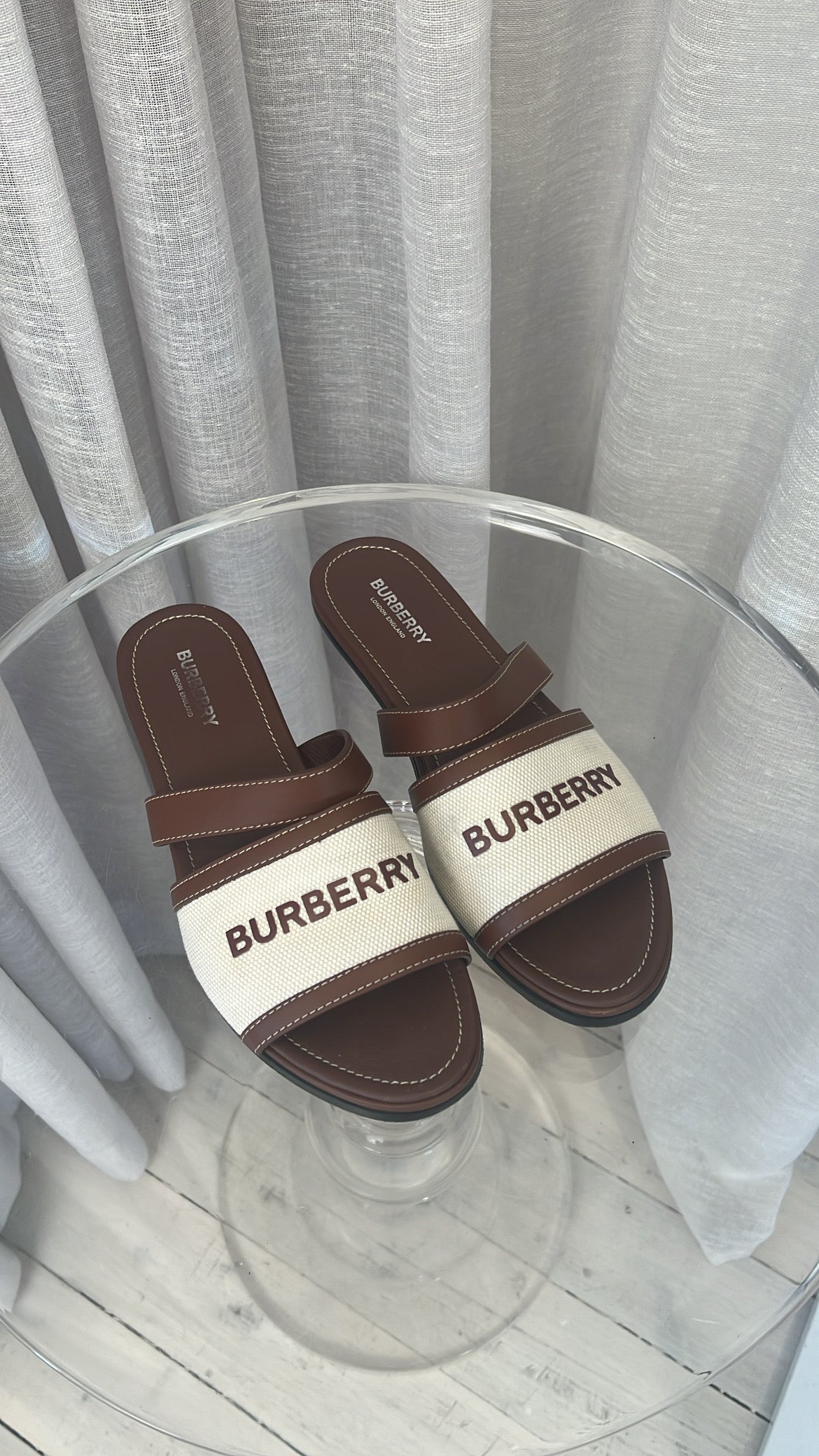 Burberry Tan and Canvas Logo Slides, 39.5