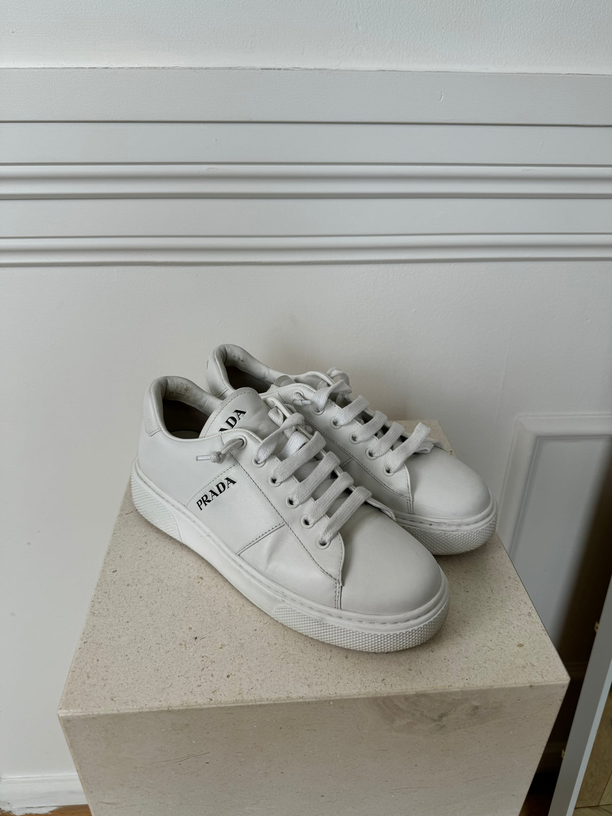 Prada White Leather Logo Sneakers, 38