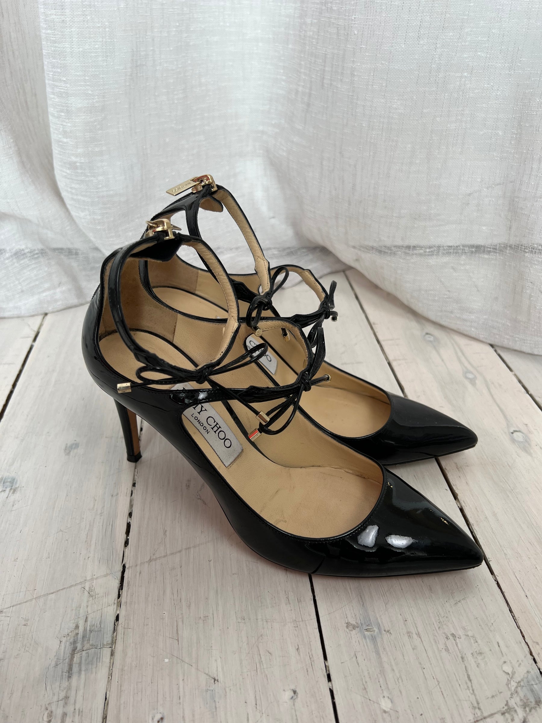 Jimmy Choo Black Patent Pointed Tie Front Heels, 37.5