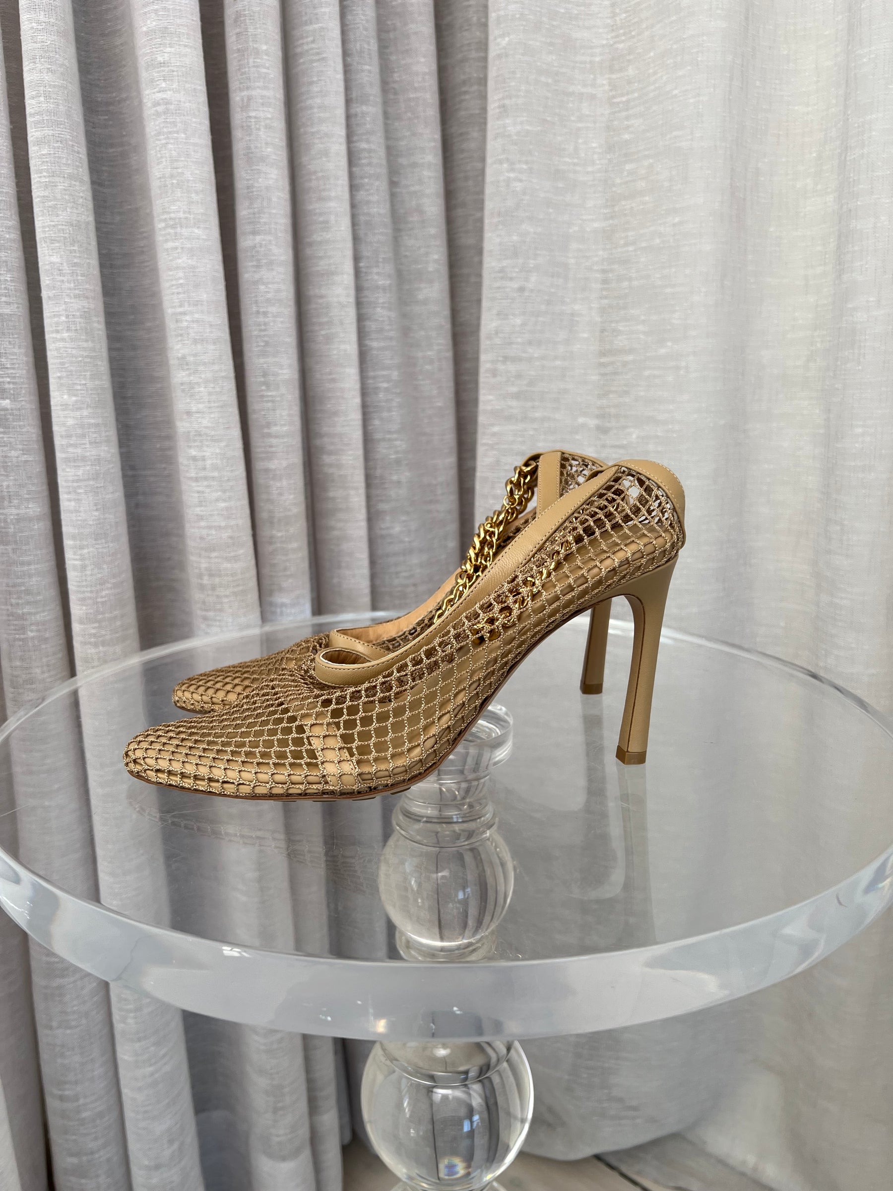 Bottega Veneta Beige Mesh Net Ankle Chain Heels, 37.5