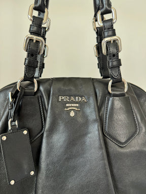 Prada Black Soft Leather Top Handle Bowling Bag