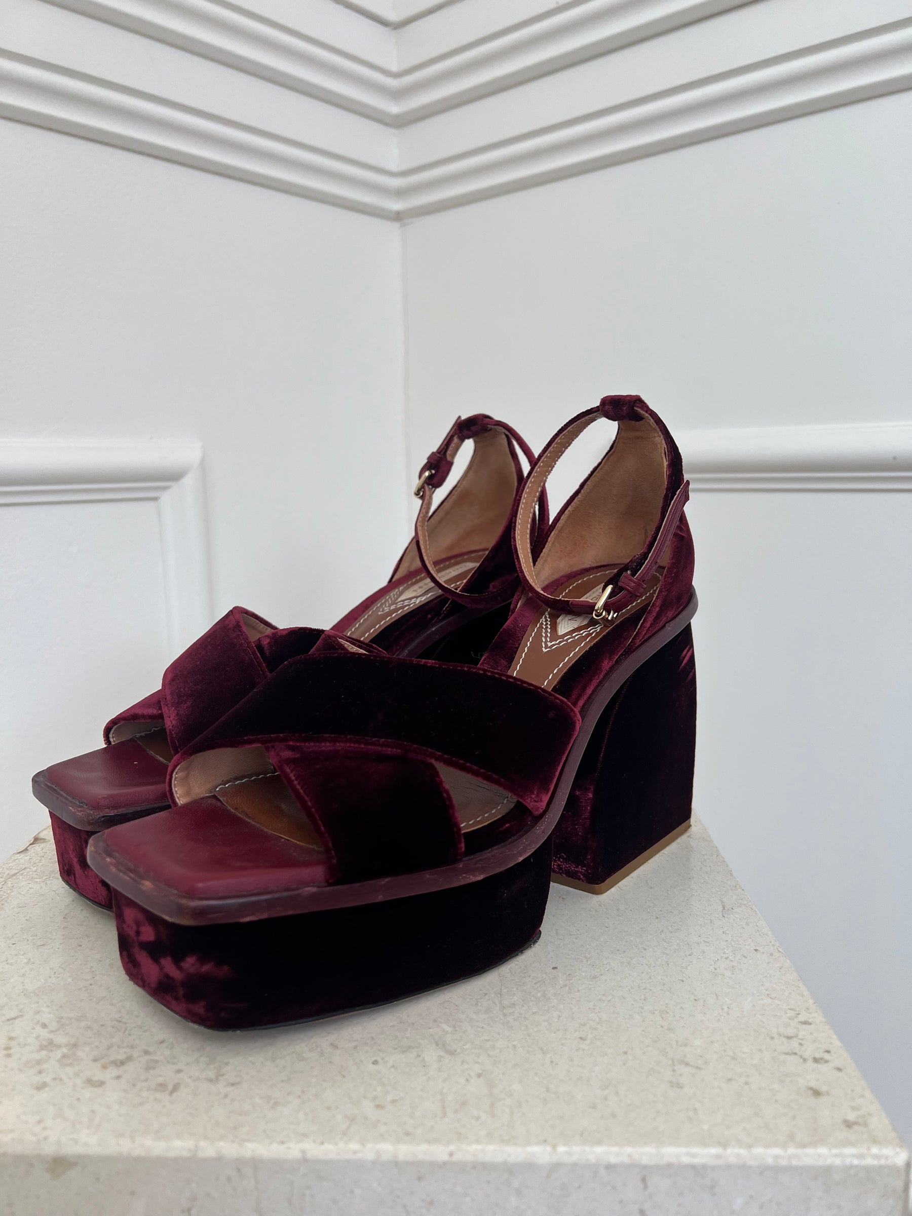 Zimmermann Maroon Velvet Chunky Platfrom Heels, 40