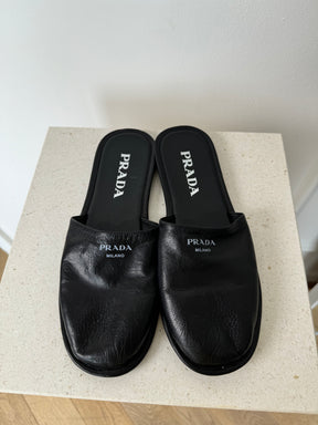 Prada Black Leather Slip On's, 38.5