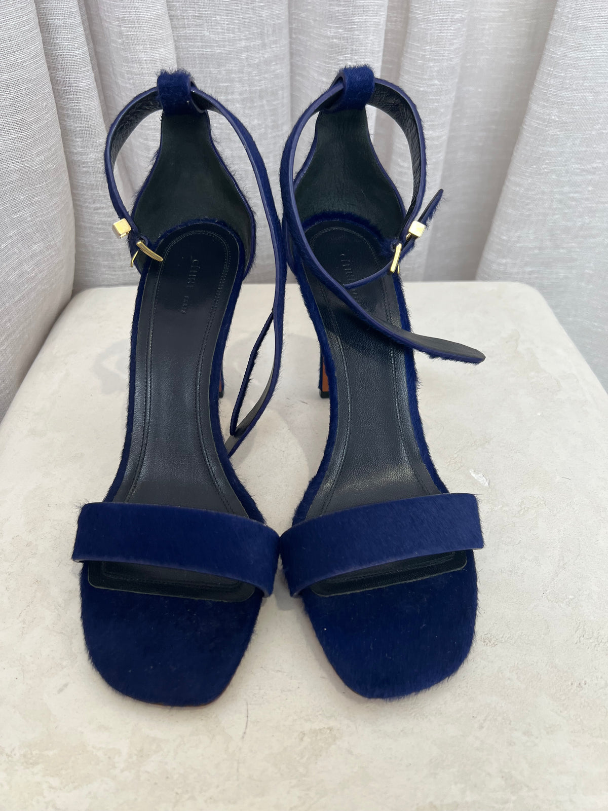 Celine Blue Pony Hair Ankle Strap Heels, 39.5