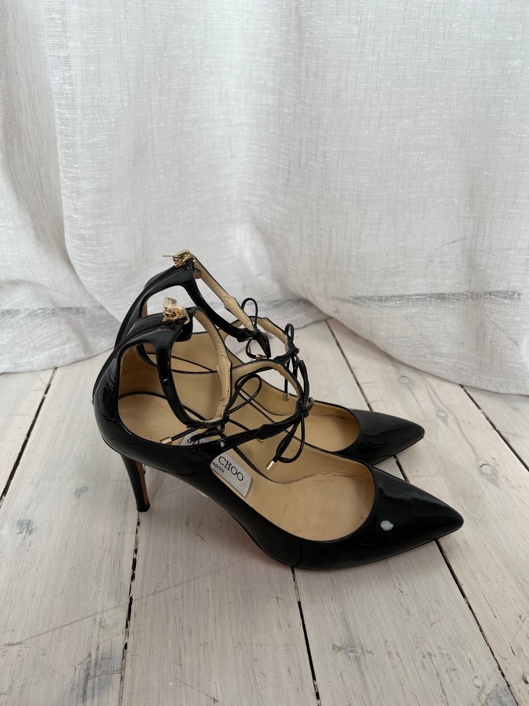 Jimmy Choo Black Patent Pointed Tie Front Heels, 37.5