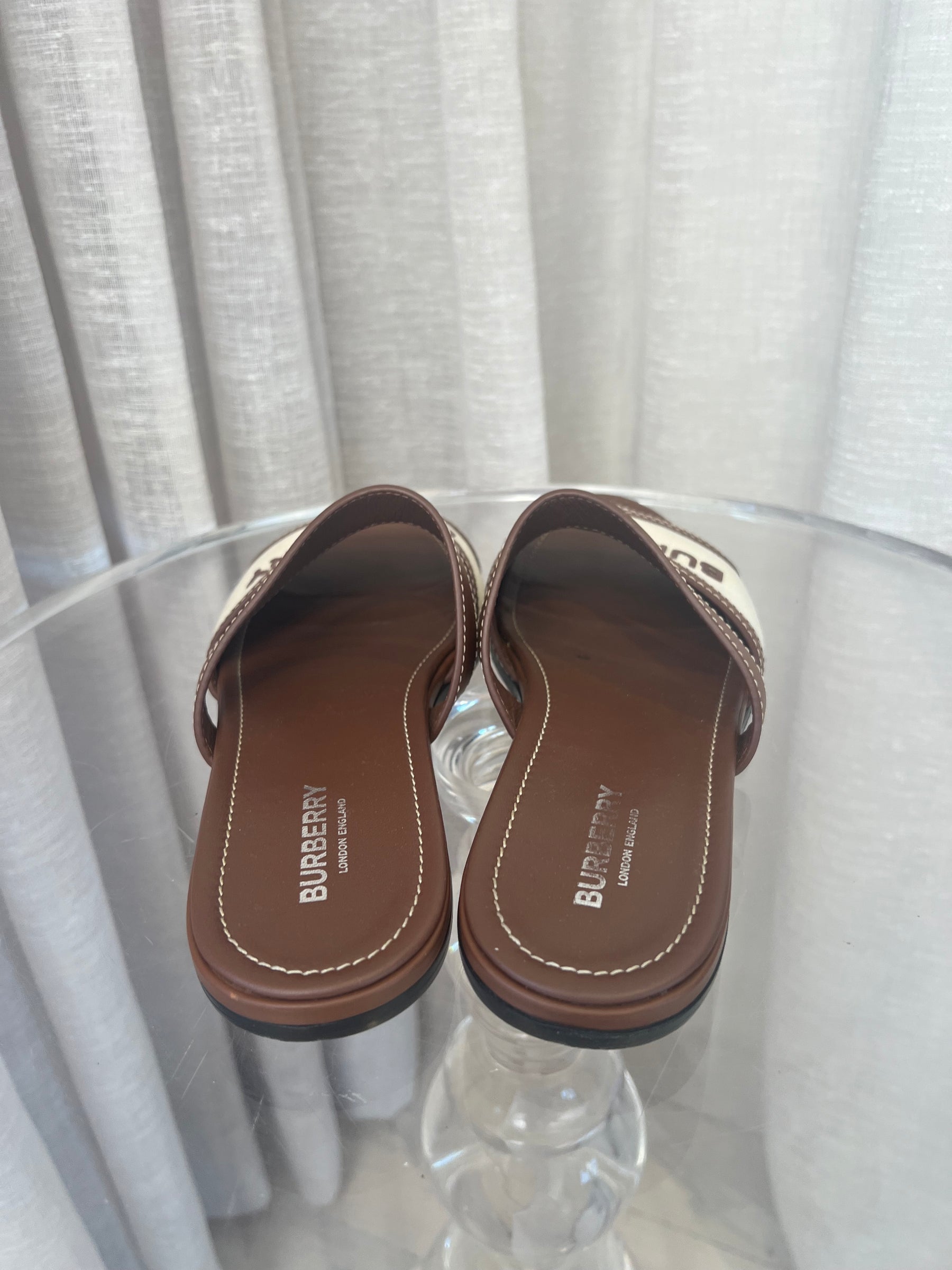 Burberry Tan and Canvas Logo Slides, 39.5