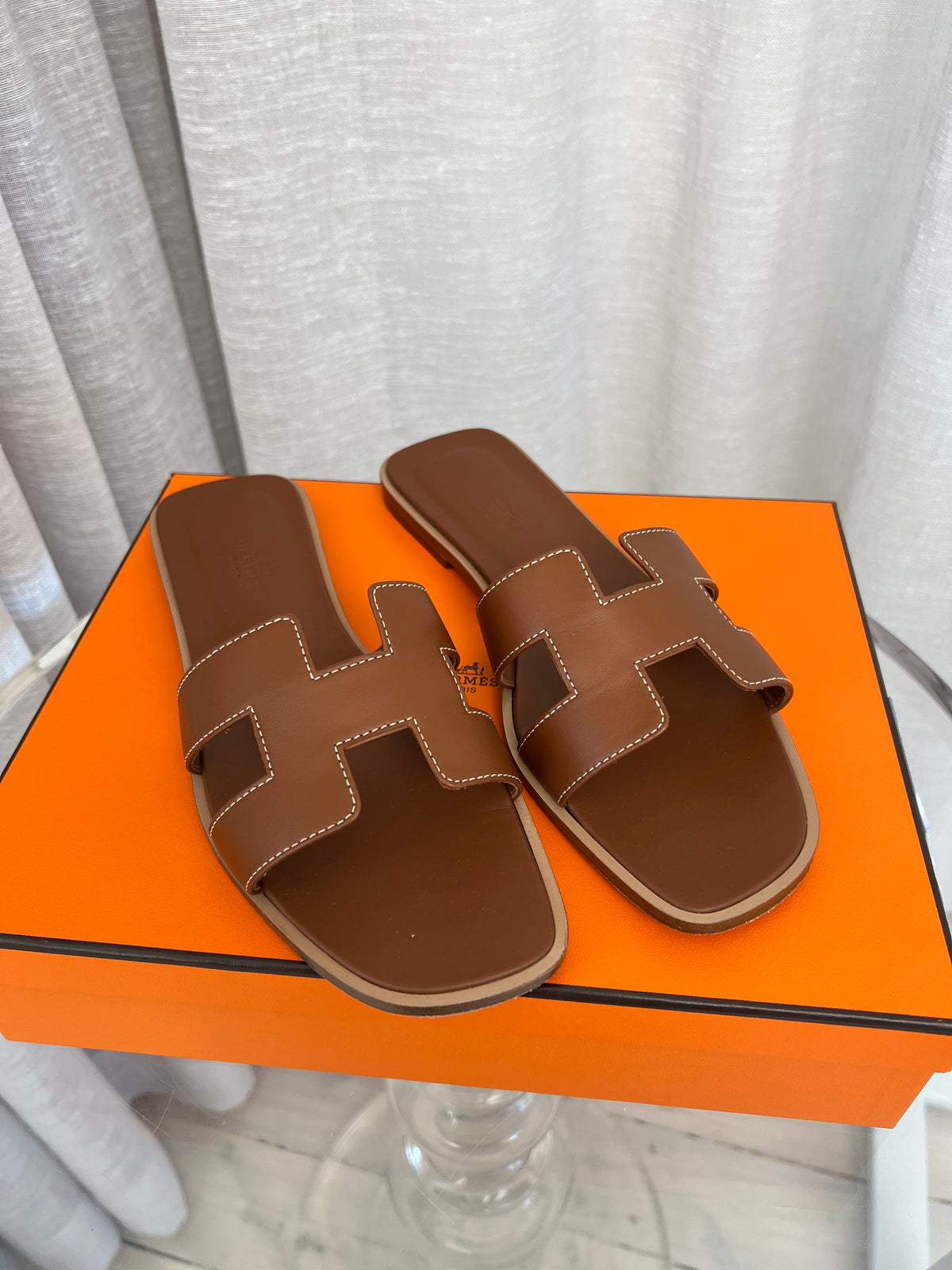 Hermès Gold Leather Oran Sandals, 38