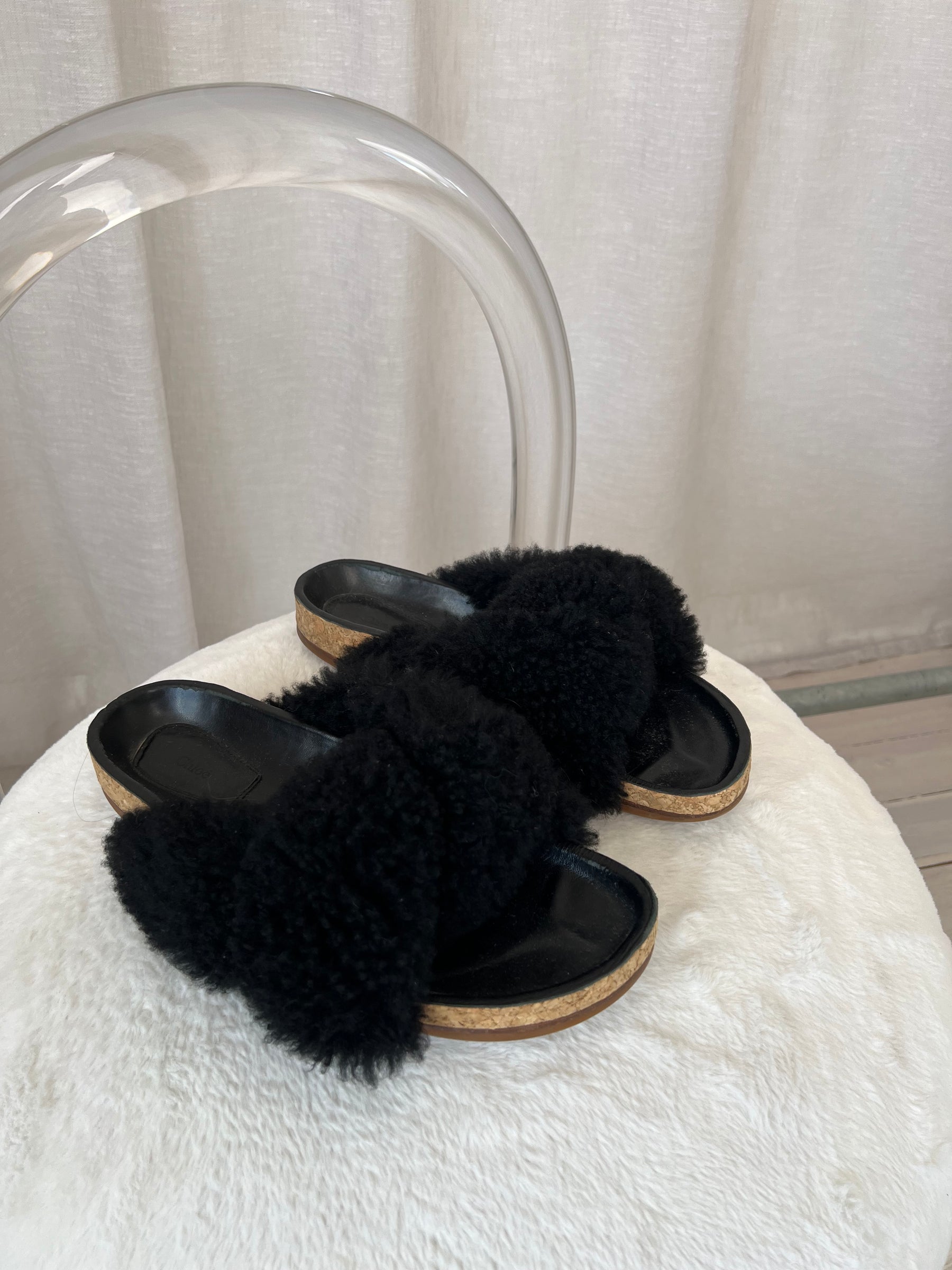 Chloé Black Fluffy Slides, 41