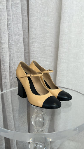 Chanel Beige and Black Pearl Block Heel Pumps, 41C