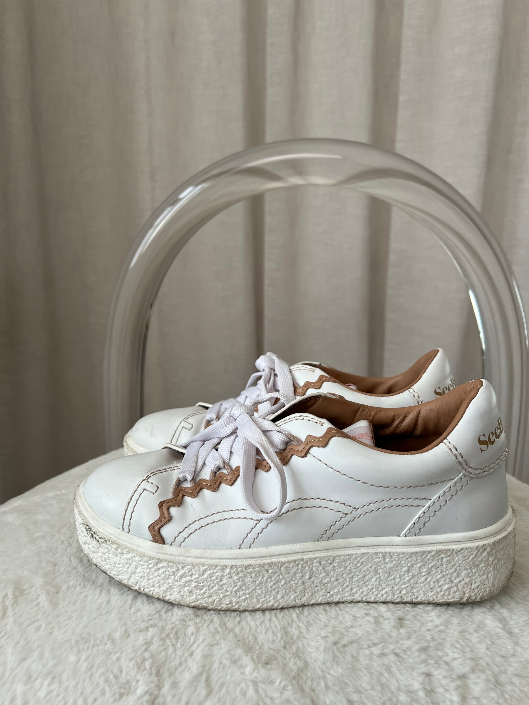 See by Chloé White Sneakers With Beige Stitch Detail, 36