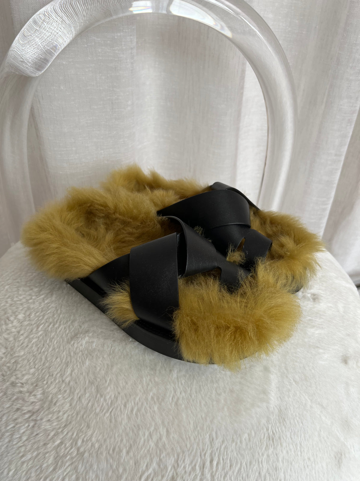 Camilla and Marc Herman Furry Sandals Black With Gold Fur, 38