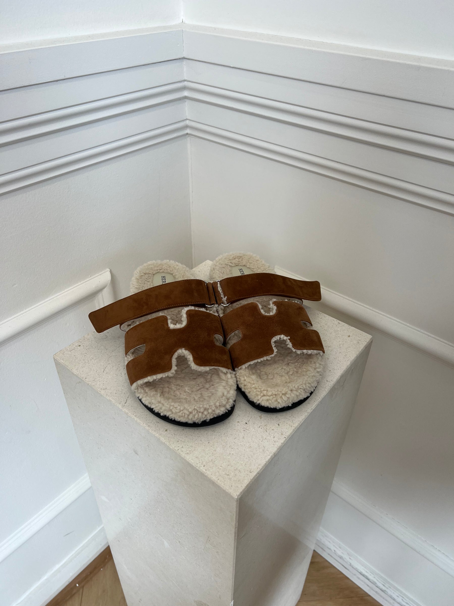 Hermès Tan Suede and Shearing Chrypre Sandals, 42.5