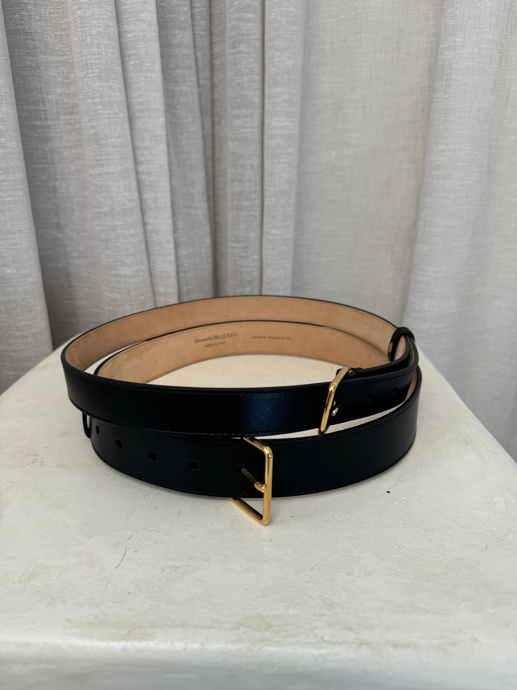 Alexander McQueen Black Leather Double Strap Belt, 80