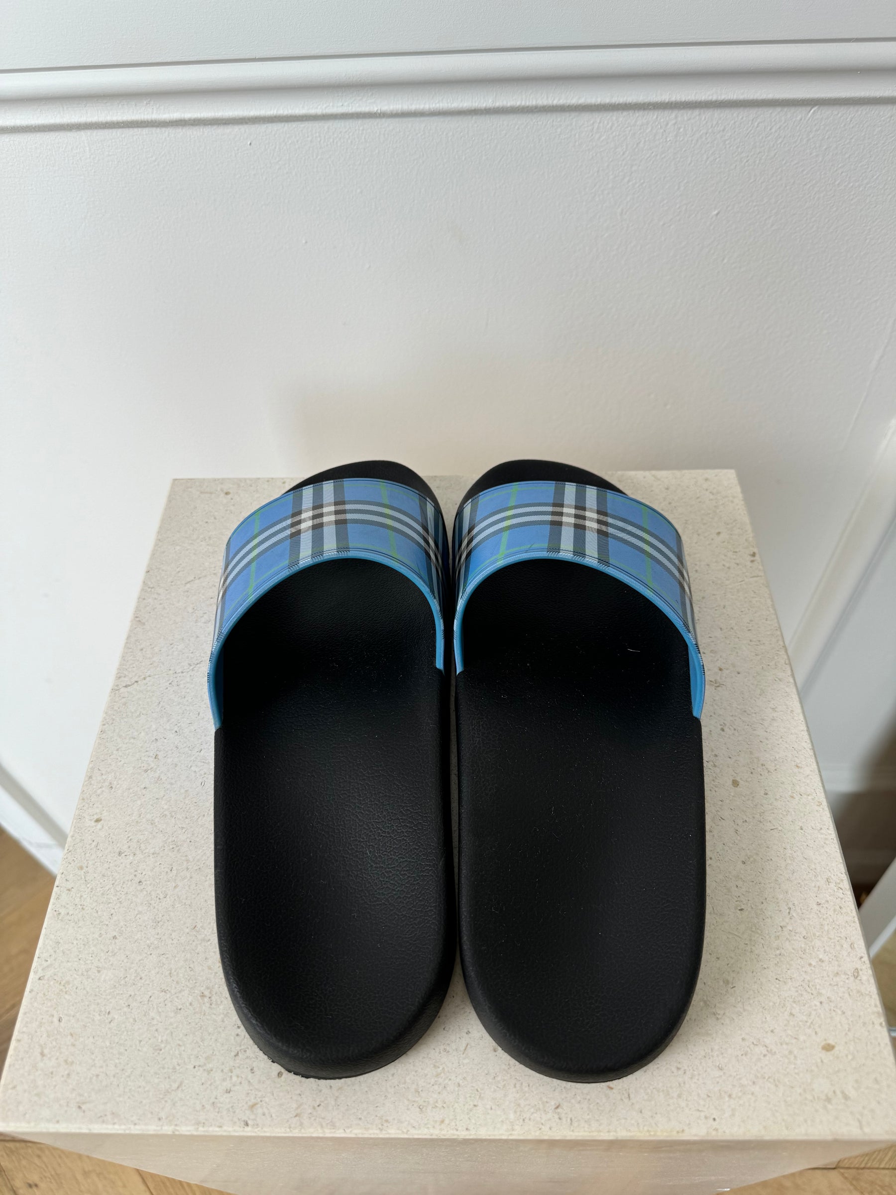 Burberry Blue Heritage Check Pool Slides, 41