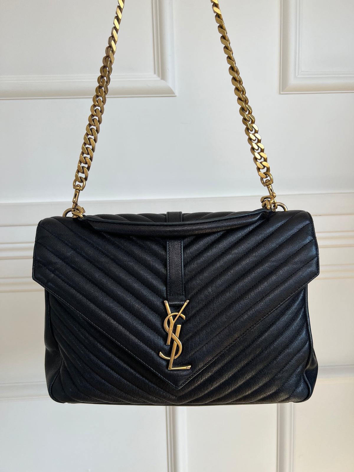 Saint Laurent Black Chevron Leather College Bag