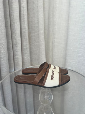 Burberry Tan and Canvas Logo Slides, 39.5