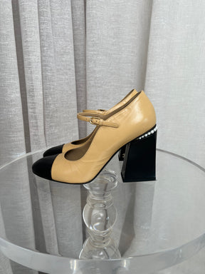 Chanel Beige and Black Pearl Block Heel Pumps, 41C