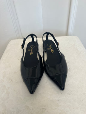 Chanel Black Patent Flat Slingbacks, 36