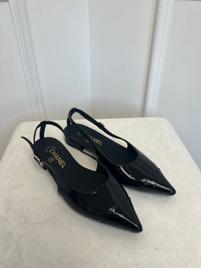 Chanel Black Patent Flat Slingbacks, 36