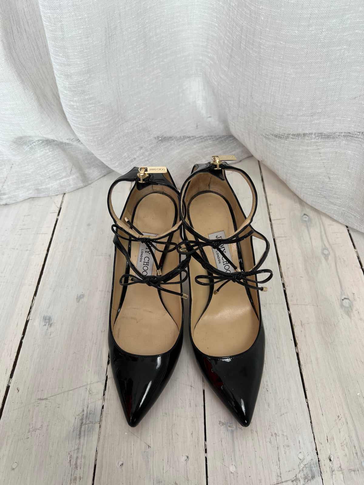 Jimmy Choo Black Patent Pointed Tie Front Heels, 37.5