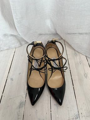 Jimmy Choo Black Patent Pointed Tie Front Heels, 37.5