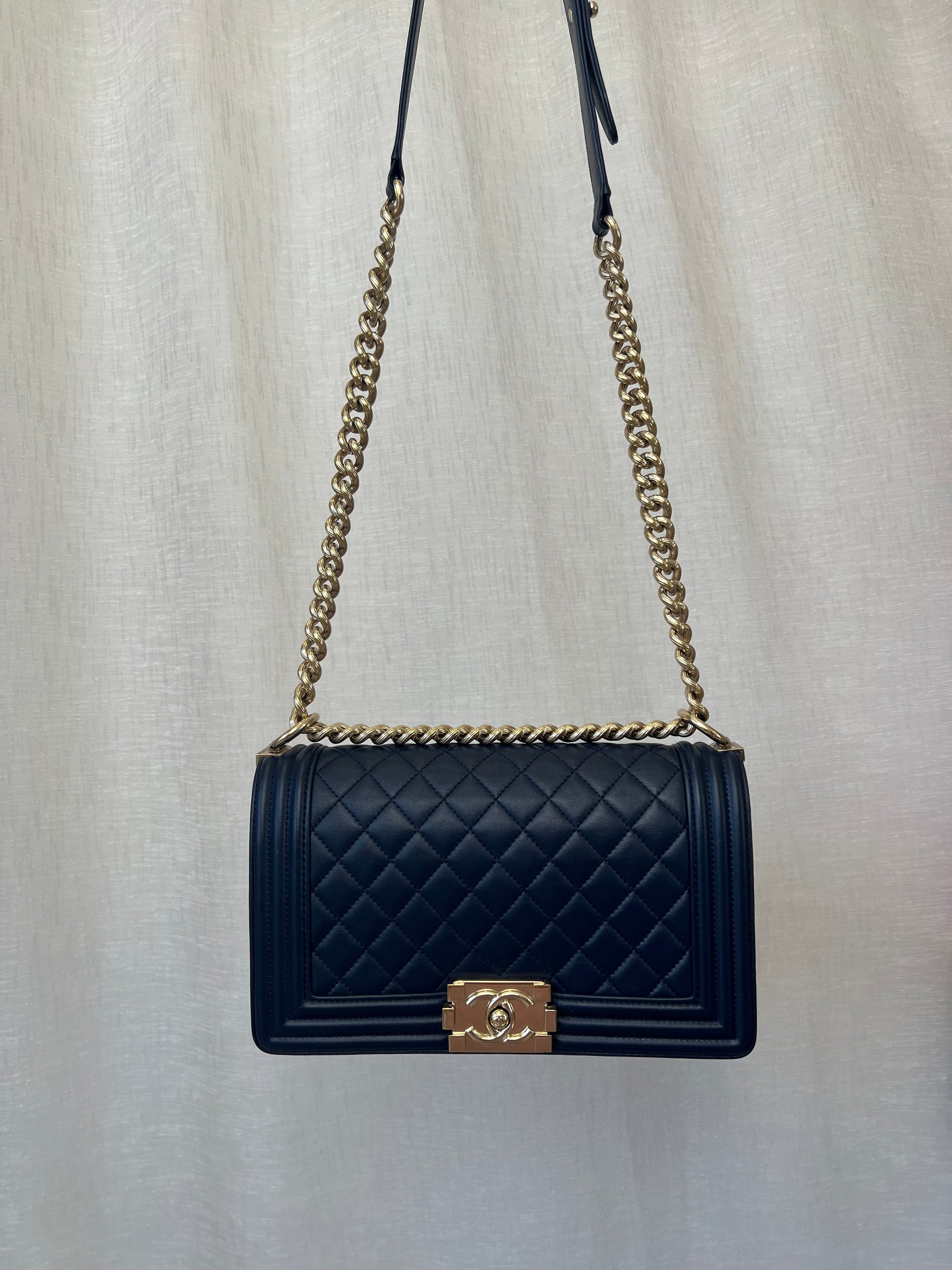 Chanel Navy Old Medium Boy Bag Gold Tone Hardware, Old Medium