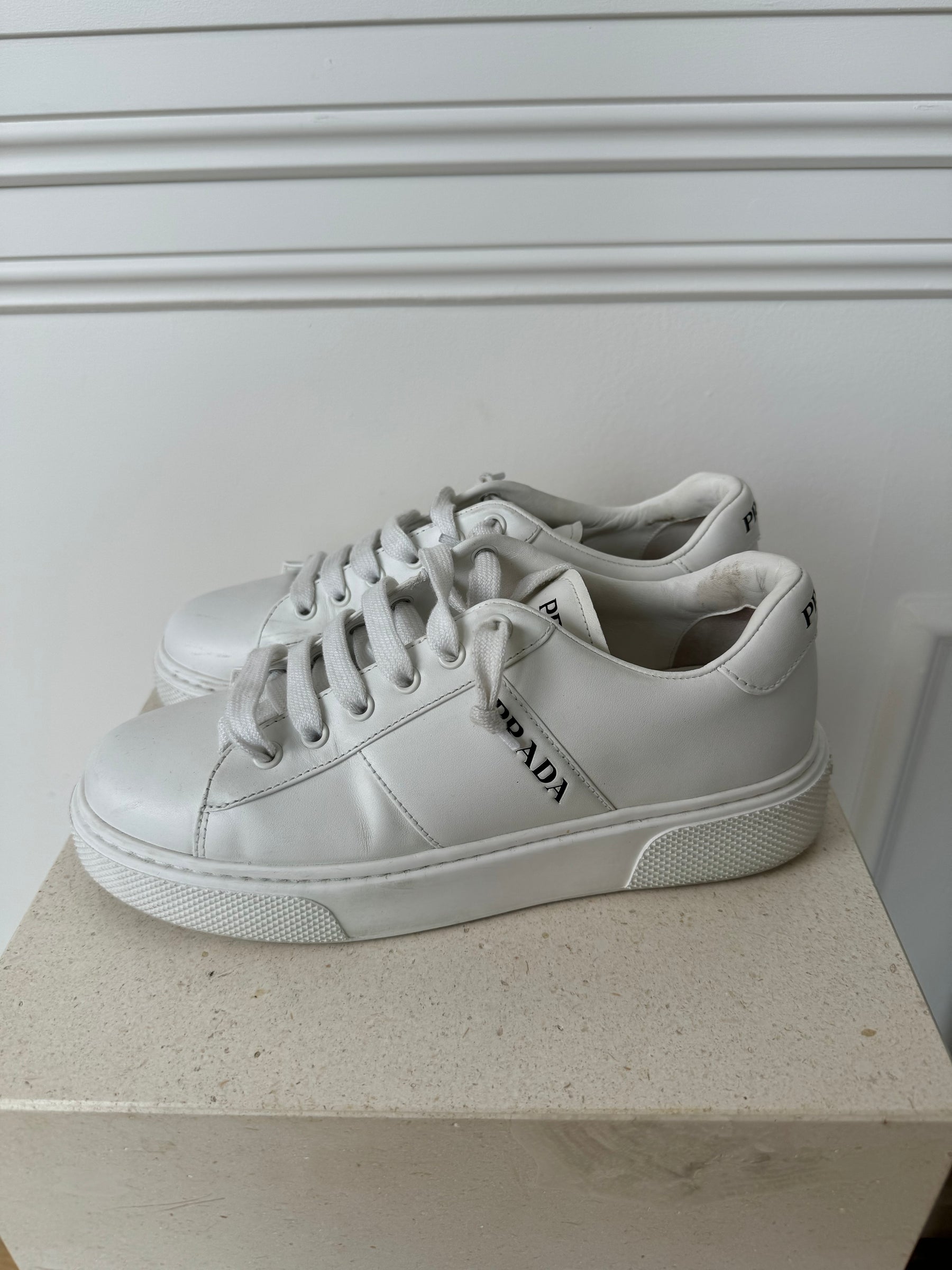 Prada White Leather Logo Sneakers, 38