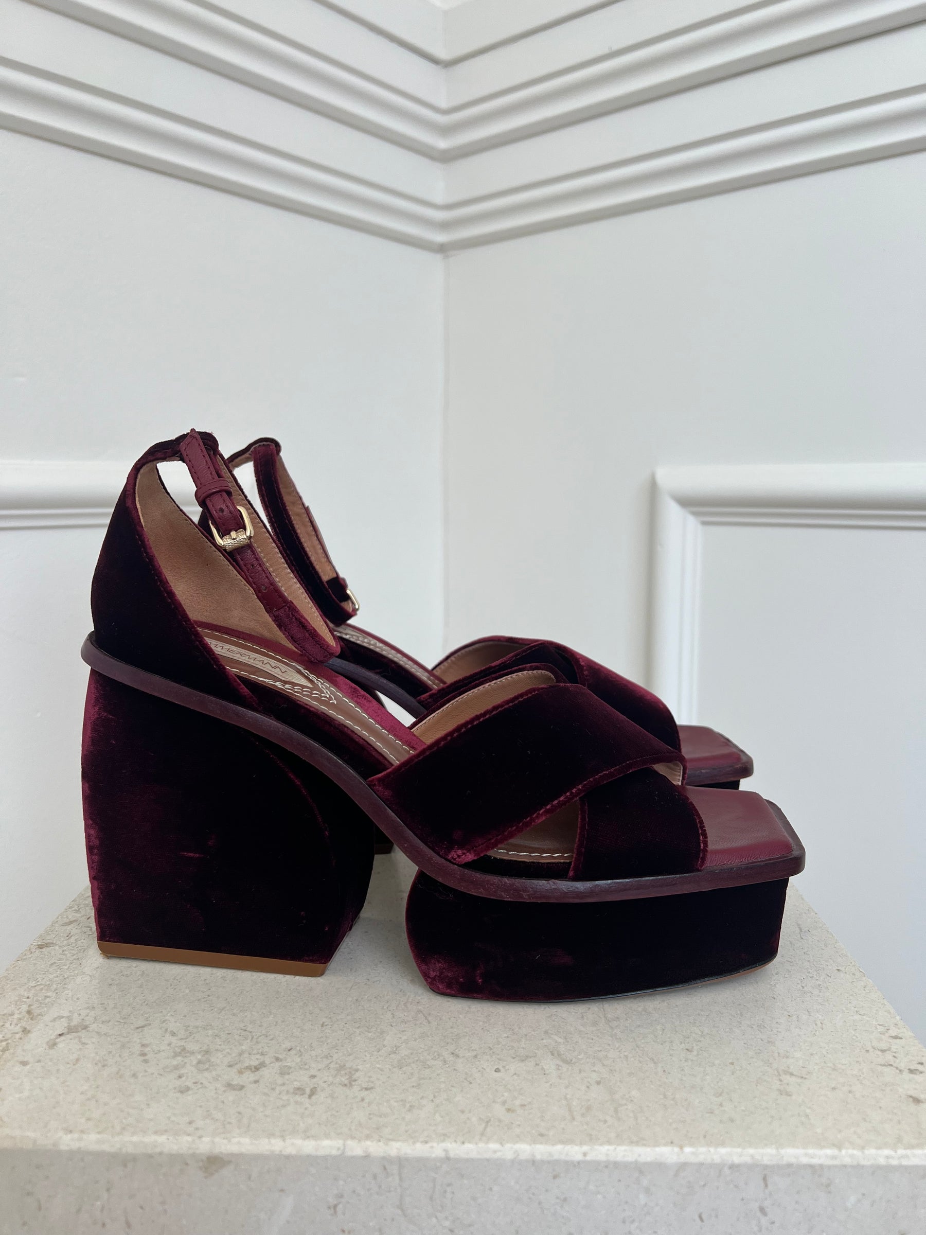 Zimmermann Maroon Velvet Chunky Platfrom Heels, 40