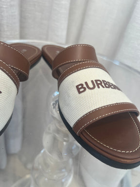 Burberry Tan and Canvas Logo Slides, 39.5