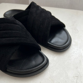 bassike Black Leather Suede Quilted Cross Over Slides, 38