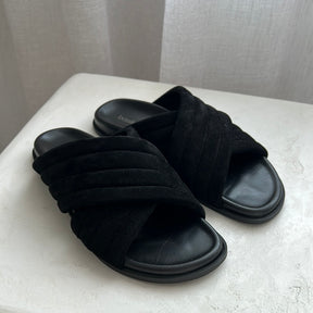 bassike Black Leather Suede Quilted Cross Over Slides, 38